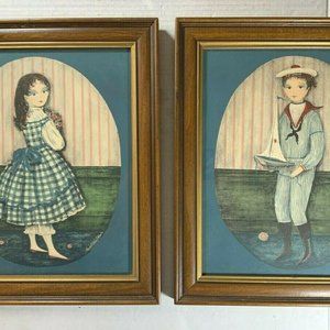 Vintage nursery prints Carol Blanchard Children Sailor Boy Girl in Gingham Dress